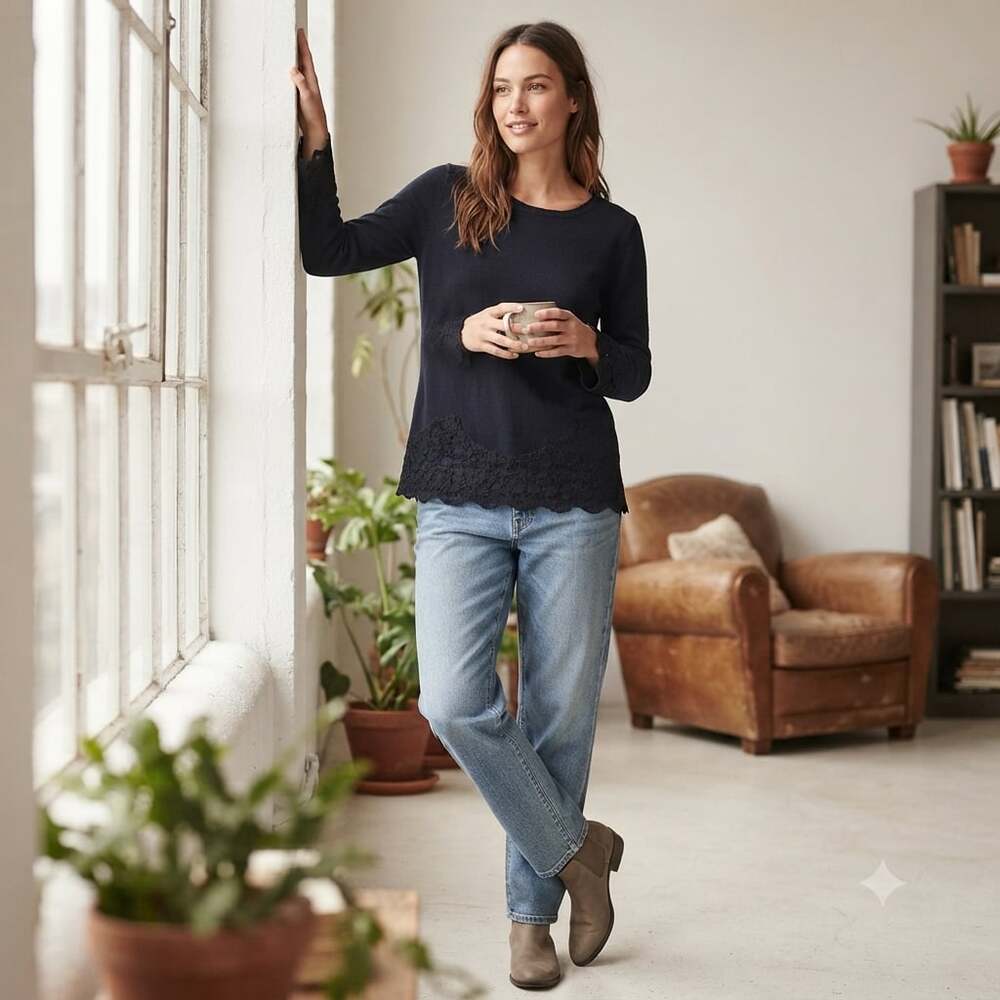 Soft Surroundings Navy Blue Long Sleeve Knit Tunic Sweater with Lace Trim